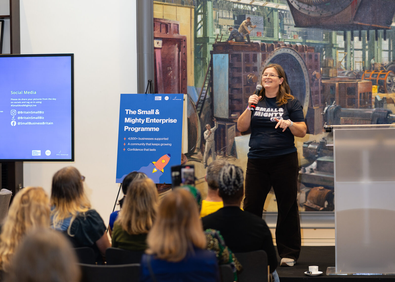 Michelle Ovens CBE speaking at a Small and Mighty live event